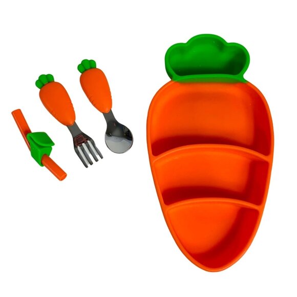 Healthy Eating Toddler Carrot Plate Shaped Silicone Feeding Set Utensils Straw - Picture 1 of 14